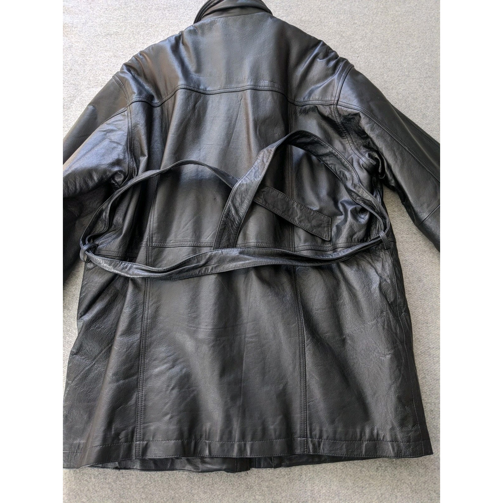 Charles Klein Black Leather Insulated Long Trench Coat Mens Size Xl Vintage